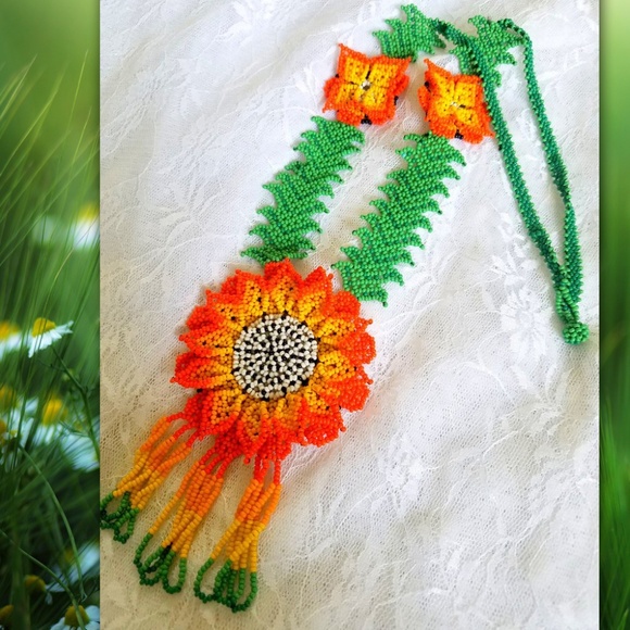 ✿Orange&Green Handmade 3DFlower Necklace Sunflower - Picture 1 of 6